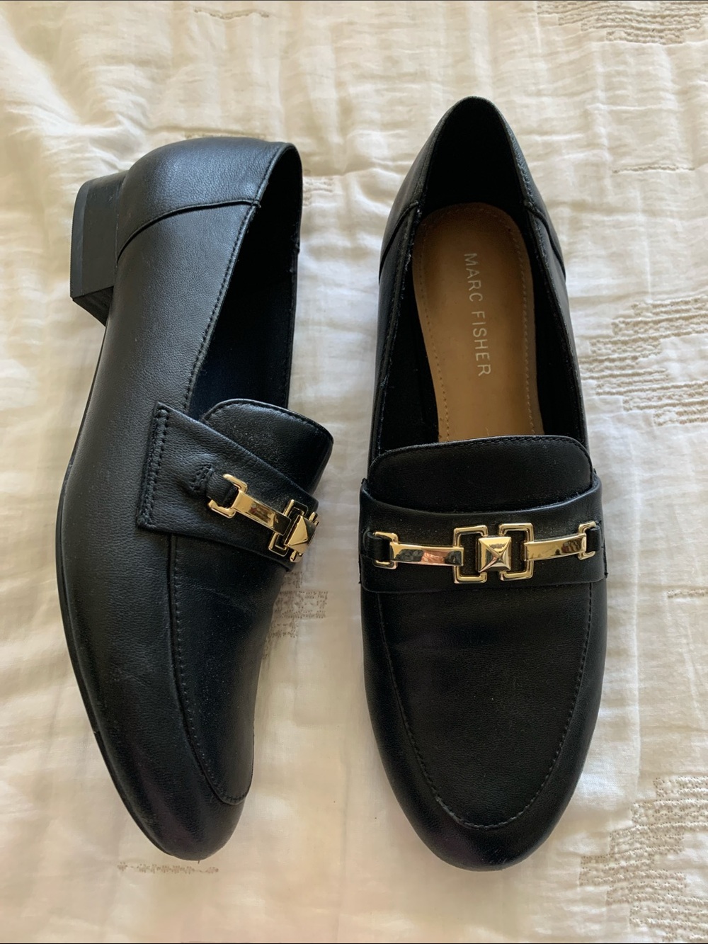 Marc Fisher Black Leather Loafers with Gold Chain Accent
